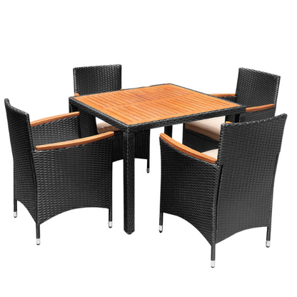 Outdoor Patio Dining Set | Acacia Wood Table and Chairs with Plush Cushions | Stylish Wicker Patio Furniture for Comfort and Elegance