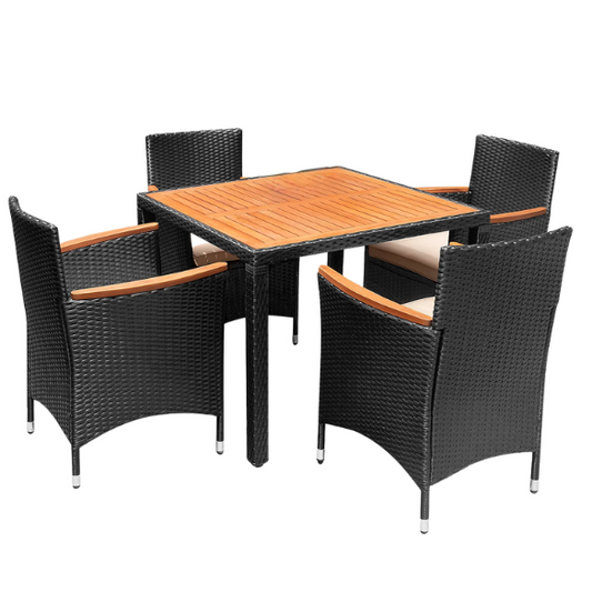 Outdoor Patio Dining Set | Acacia Wood Table and Chairs with Plush Cushions | Stylish Wicker Patio Furniture for Comfort and Elegance