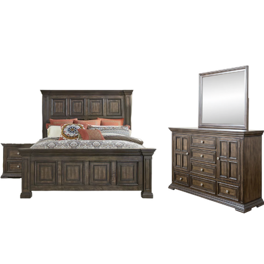 4-Piece Panel Bed, Dresser, Mirror & Nightstand Set with Antique Pewter Accents and Charging Station – Distressed Whitestone Finish, Rubberwood Solids, and Architectural Det