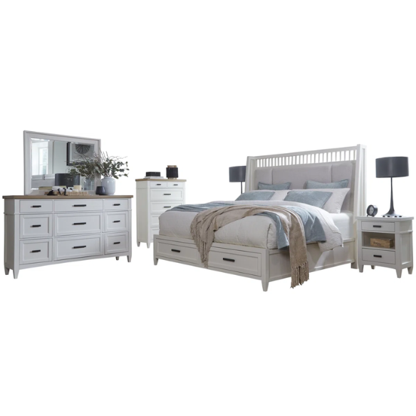 Timeless Craftsman-Inspired 5-Piece Queen Bedroom Set – Includes Storage Bed, 2 Nightstands, Dresser with Mirror, and Chest in Hand-Painted Cotton Finish