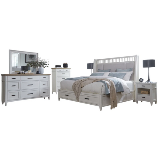Timeless Craftsman-Inspired 5-Piece Queen Bedroom Set – Includes Storage Bed, 2 Nightstands, Dresser with Mirror, and Chest in Hand-Painted Cotton Finish