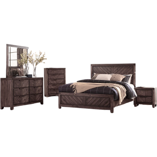 3-Piece Cherry Modern Panel Bedroom Set – Rustic Elegance with V-Matched Planks, Acacia Veneers, and Antiqued Hardware
