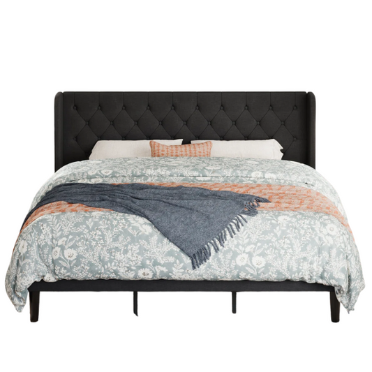 Luxurious King Size Upholstered Wingback Platform Bed with Button-Tufted Linen Fabric – Sturdy Wood Frame, High-Density Foam, and Ample Under-Bed Storage for a Stylish, Safe, and Comfortable Bedroom
