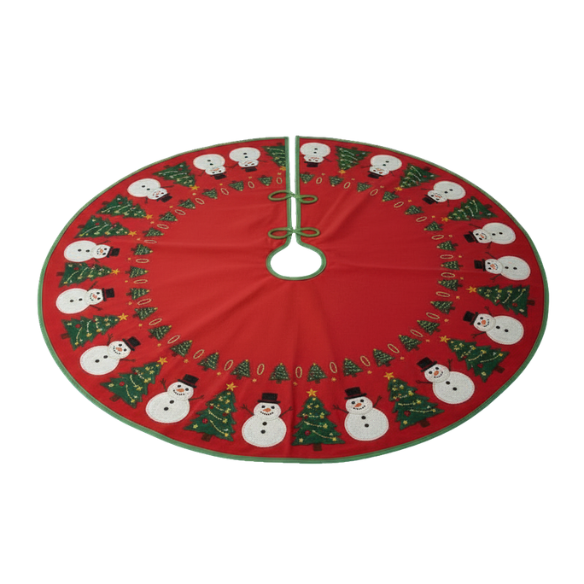 Round Embroidered Christmas Tree Skirt with Red Background and Holiday Motifs