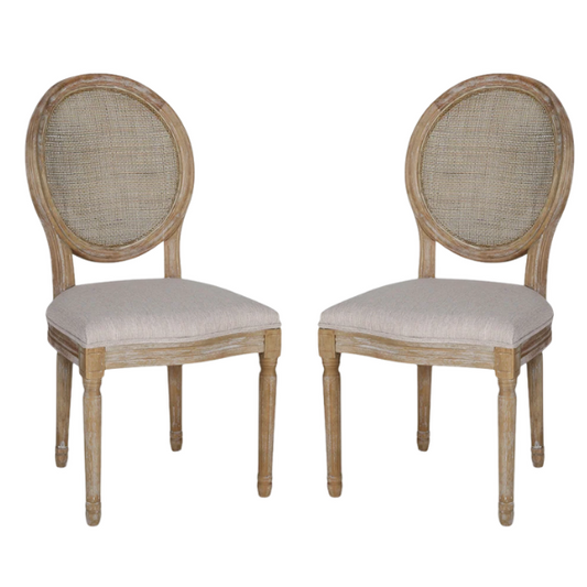 Beige Upholstered Dining Chairs with Natural Wood Frame and Wicker Backrest (Set of 2)