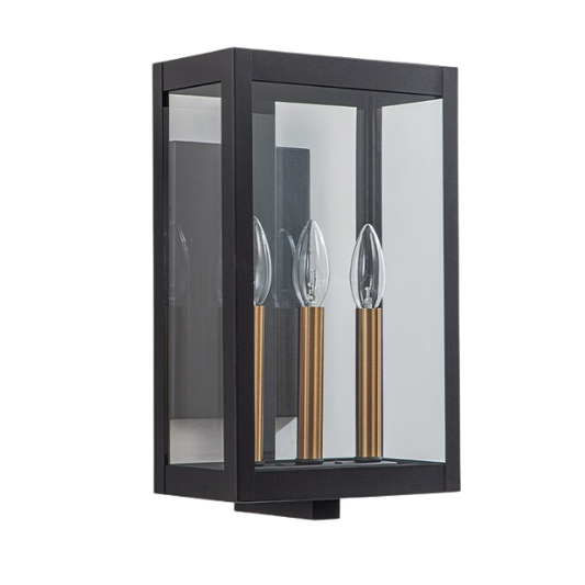 Modern 3-Light Outdoor Wall Lantern Sconce with Glass Shade – Vintage-Inspired Design with Matte Black & Gold Finish, Waterproof IP54, and Candle Bulb Base for Timeless Outdoor Illumination