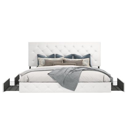 King Size Upholstered Platform Bed with Storage Drawers, Padded Headboard, and Sophisticated Button Tufting