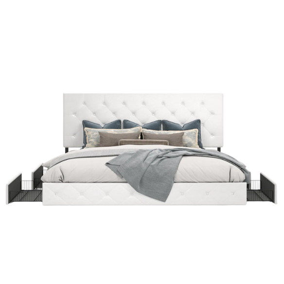 King Size Upholstered Platform Bed with Storage Drawers, Padded Headboard, and Sophisticated Button Tufting
