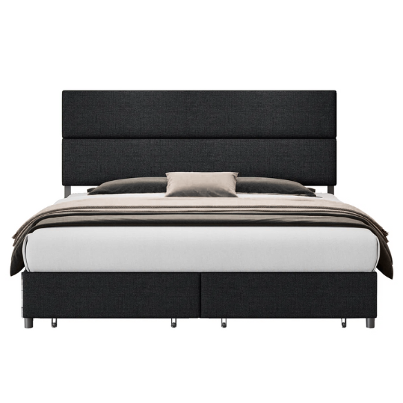 Linen Upholstered Bed Frame – Full/Double Size with Height Adjustable Headboard & 2 Built-In Storage Drawers