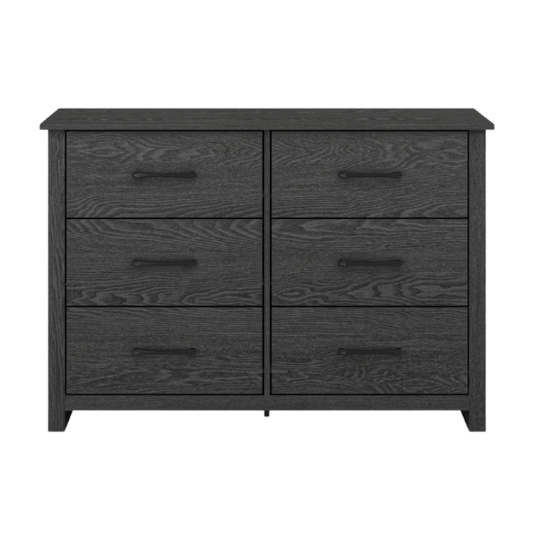 Modern 6-Drawer Double Dresser with Flared Feet and Sleek Black Metal Handles