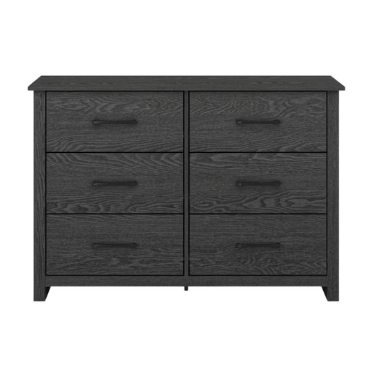 Modern 6-Drawer Double Dresser with Flared Feet and Sleek Black Metal Handles