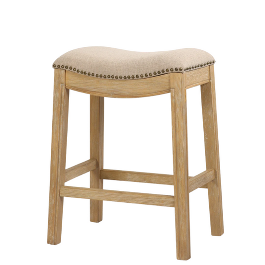 Saddle-Seat Wood Bar Stool with Upholstered Seat – Stylish and Durable Counter Stool in Weathered Natural  Finish