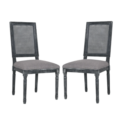 French Country Wood and Cane Upholstered Dining Chairs – Weathered Rubberwood Frame with Fluted Legs & Rectangular Cane Backrest