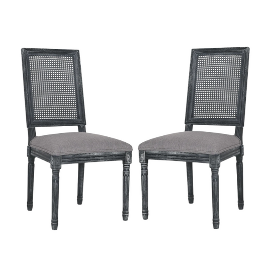 French Country Wood and Cane Upholstered Dining Chairs – Weathered Rubberwood Frame with Fluted Legs & Rectangular Cane Backrest
