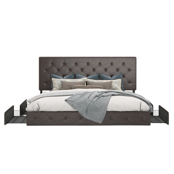Queen Size Upholstered Platform Storage Bed with Tufted Button Accent Design