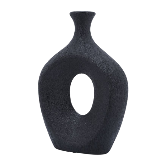 Abstract Sculptural Ceramic Vase with Unique Oval Cut-Out Design – 13" Modern Beaded Accent Vase for Tabletop or Shelf Décor, Ideal for Faux Florals and Statement Styling