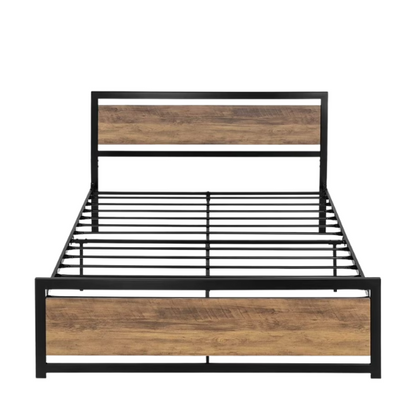 Queen Size Wood and Black Metal Frame Bed with Headboard – Modern Design with Rustic Distressed Wood Accents