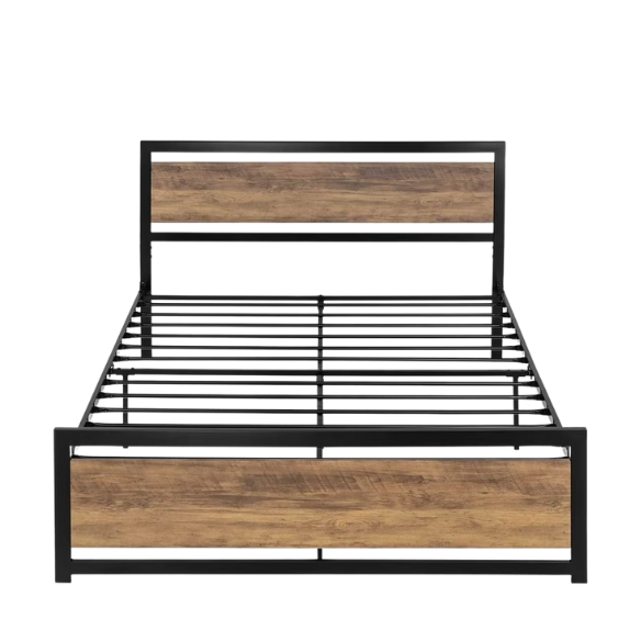 Queen Size Wood and Black Metal Frame Bed with Headboard – Modern Design with Rustic Distressed Wood Accents