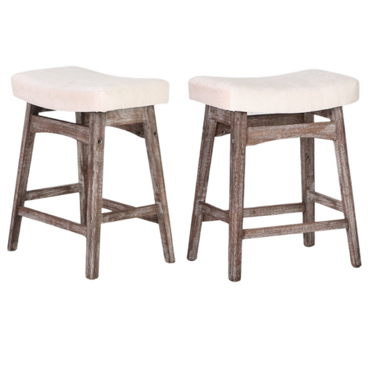 24-Inch Solid Wood Barstools with Linen/PU Leather Fabric Cushion – Set of 2 Backless Saddle Seat Counter Stools for Modern Living