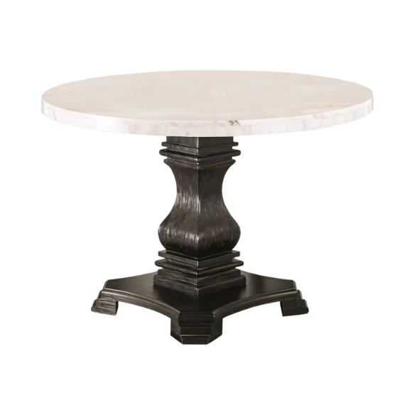 48-inch Round Black and White Marble Pedestal Dining Table – Rustic White with Antique Black Finish, Geometric Carved Base, Ideal for Modern Farmhouse Dining