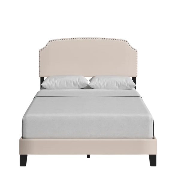 King Size Upholstered Standard Bed with Scooped Corner Headboard, Nailhead Trim, and Extra Support Feet – Classic Design with Adjustable Base Compatibility