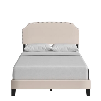 King Size Upholstered Standard Bed with Scooped Corner Headboard, Nailhead Trim, and Extra Support Feet – Classic Design with Adjustable Base Compatibility