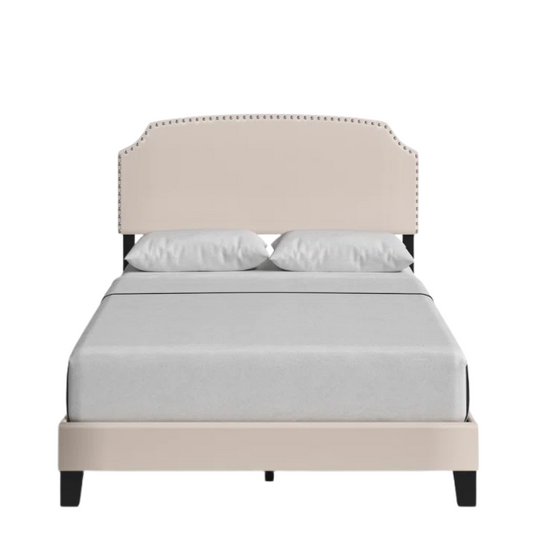 King Size Upholstered Standard Bed with Scooped Corner Headboard, Nailhead Trim, and Extra Support Feet – Classic Design with Adjustable Base Compatibility