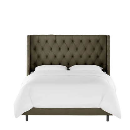 Chic Upholstered Wingback King Size Bed with Button Tufting and Nailhead Trim