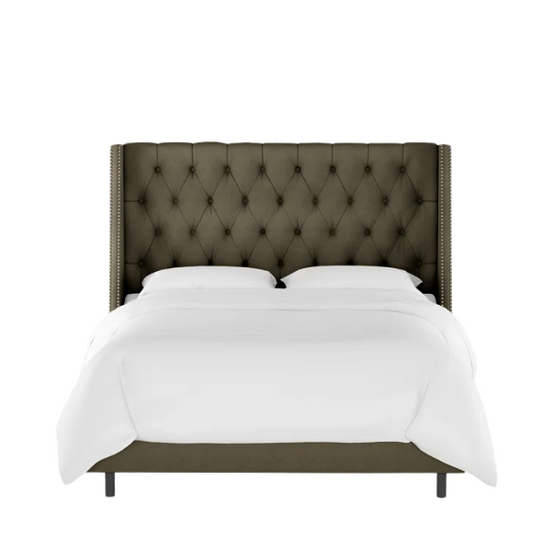 Chic Upholstered Wingback King Size Bed with Button Tufting and Nailhead Trim