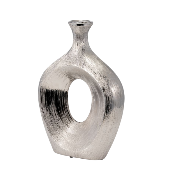 Abstract Sculptural Ceramic Vase with Unique Oval Cut-Out Design – 13" Modern Beaded Accent Vase for Tabletop or Shelf Décor, Ideal for Faux Florals and Statement Styling