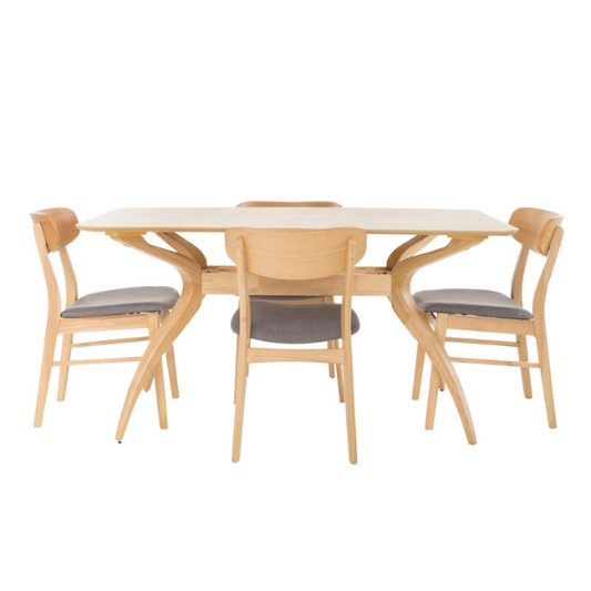 Mid-Century Modern 5-Piece Dining Set – Smooth Wood Finish with Cushioned Fabric Chairs for Comfort & Style