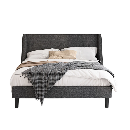 Modern Queen Size Upholstered Platform Bed with Deluxe Wingback and Linen Blend Fabric