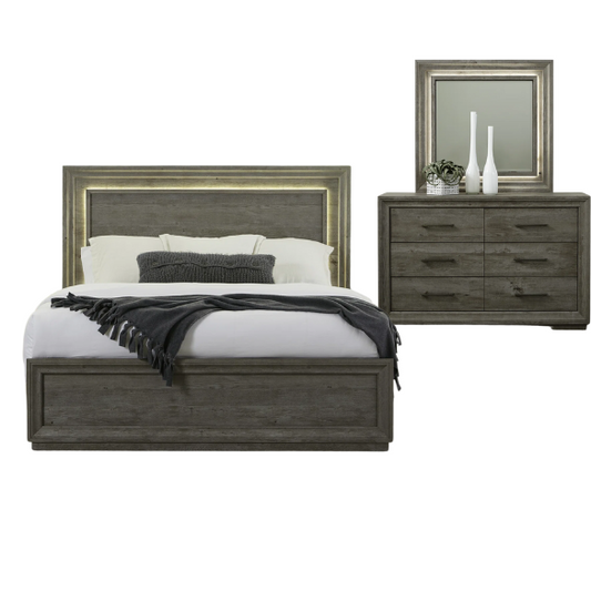 Contemporary Queen Bedroom Set with Brushed Nickel Storage Bed, LED-Illuminated Headboard, Dresser, Mirror, and Nightstand with Charging Station
