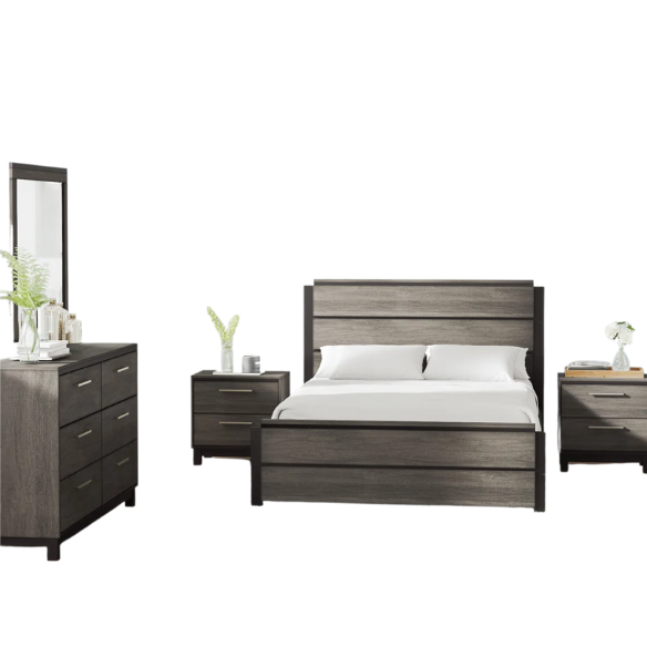 Contemporary 5-Piece Queen Bedroom Set with Solid Black and Weathered Gray Finish – Includes Bed, Dresser, Mirror, and Nightstands
