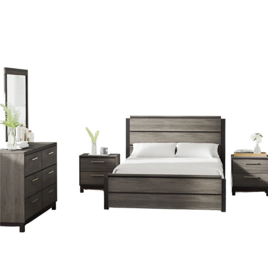 Contemporary 5-Piece Queen Bedroom Set with Solid Black and Weathered Gray Finish – Includes Bed, Dresser, Mirror, and Nightstands