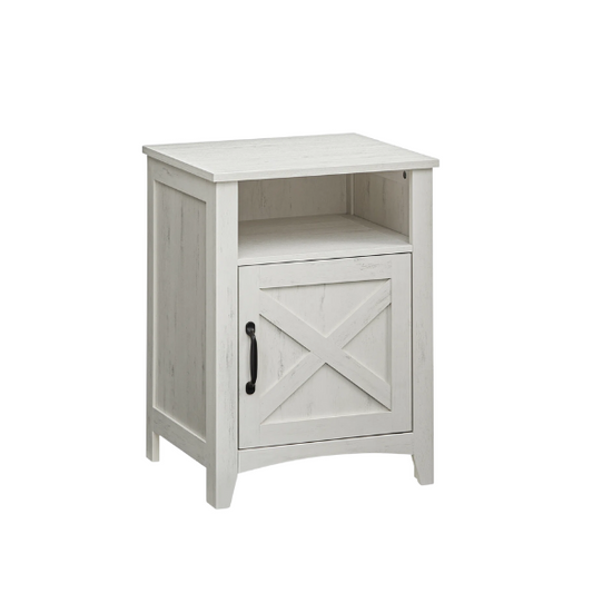 Farmhouse Nightstand with Cabinet & Open Compartment – Rustic Bedside Table, Distressed Finish, Barn Door Style, Matte Black Metal Handles, Flared Legs, Versatile Storage for Bedroom or Living Room