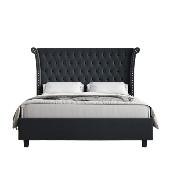 Luxurious Tufted Button Upholstered Wingback Queen Bed with Raised Headboard for Ultimate Comfort