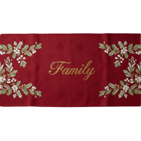 Red Embroidered "Family" Table Runner with Holly Leaves