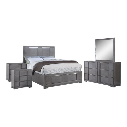 Modern 5-Piece Grey Wood Storage Platform Bedroom Set with LED Headboard Lights and Dovetail Drawers