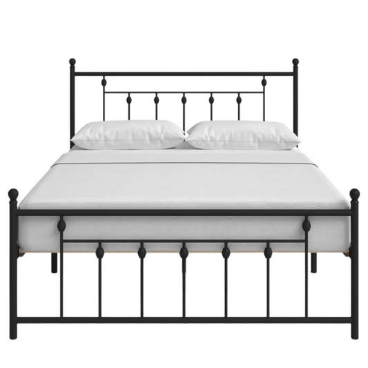 King Size Metal Open-Frame Platform Bed with Spindle Accents, Storage Footboard, and Slat Kit – No Box Spring Needed, Ideal for Farmhouse to French Country Styles