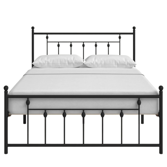 King Size Metal Open-Frame Platform Bed with Spindle Accents, Storage Footboard, and Slat Kit – No Box Spring Needed, Ideal for Farmhouse to French Country Styles