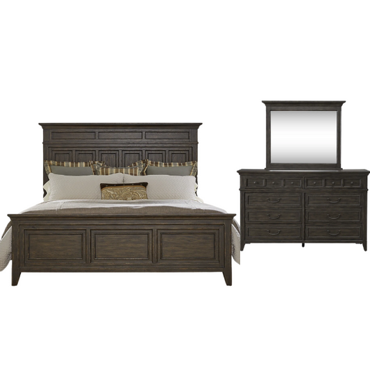 Timeless Queen Bedroom Set with Saddle Brown Panel Bed, Dresser, Mirror, and Antique Pewter Hardware