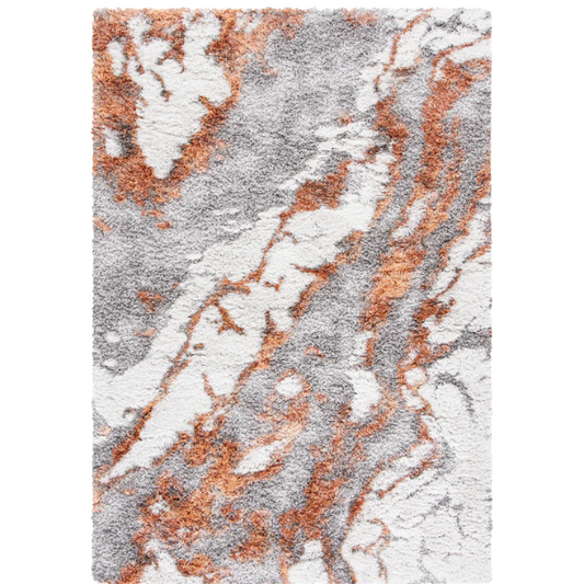 Plush Abstract Rust, Grey, and White Pattern Shag Rug