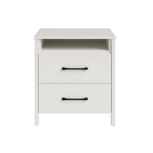 22.7" 2-Drawer Nightstand – Space-Saving Modern Minimalism, Engineered Wood with Clean-Lined Silhouette, Neutral Finish, Open Cubby & 2 Spacious Drawers for Bedroom Storage, Ideal for Tech & Accessories