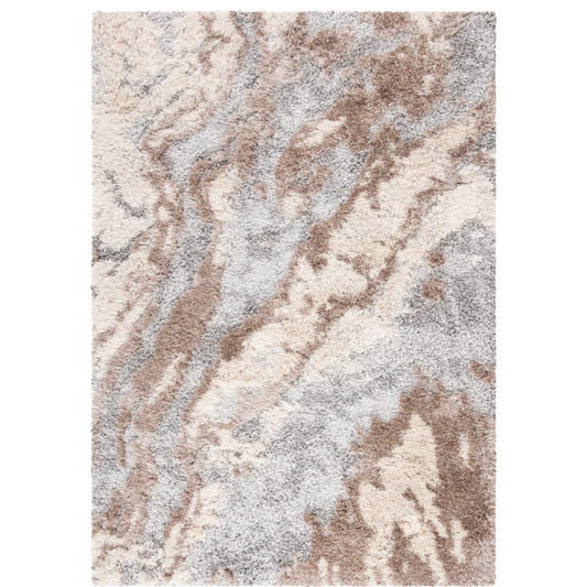 Plush Abstract Taupe, Grey, and White Pattern Shag Rug