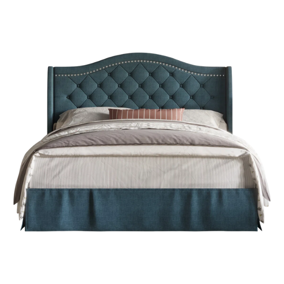 Elegant King Size Upholstered Platform Bed with Arched Camelback Headboard – Nailhead Trim, Diamond Tufting, and Foam Cushioning for Ultimate Comfort