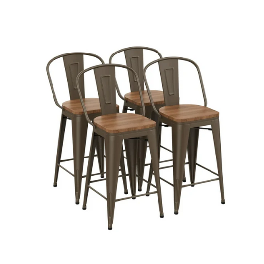 Set of 4 Farmhouse Counter Height Stools – Rustic Industrial Style with Removable Backrest, Heavy-Duty Steel Frame, and Scratch-Resistant Finish