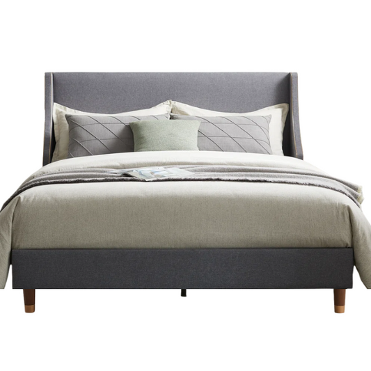 Elegant Linen Wingback Upholstered Platform Bed Frame – Luxurious Full Double Size Design with Gold Piping, Sturdy Support, and Effortless Assembly