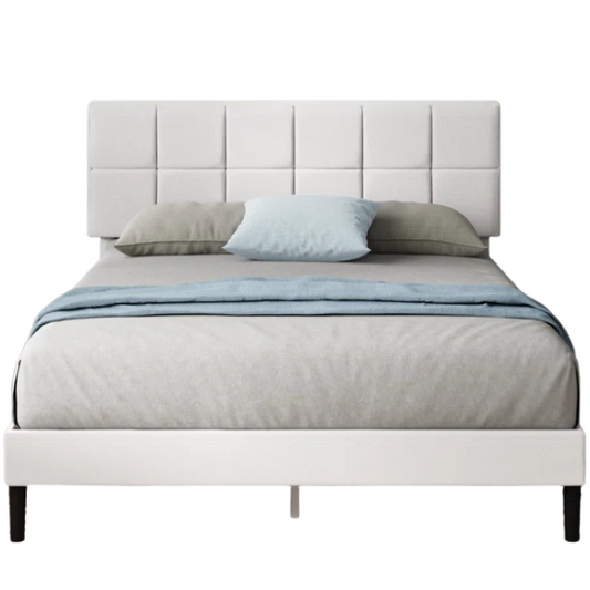 Modern King Size Upholstered Low Profile Platform Bed – Square-Tufted Headboard, Durable Steel Frame