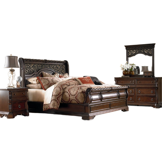 Classic Elegance with a Touch of Tradition – 5-Piece King Bedroom Set Featuring Sleigh Bed with Rope Twist Cap Rails, Dresser, Mirror, Chest, and Nightstand with Hidden Storage and Custom Drop Ring Hardware